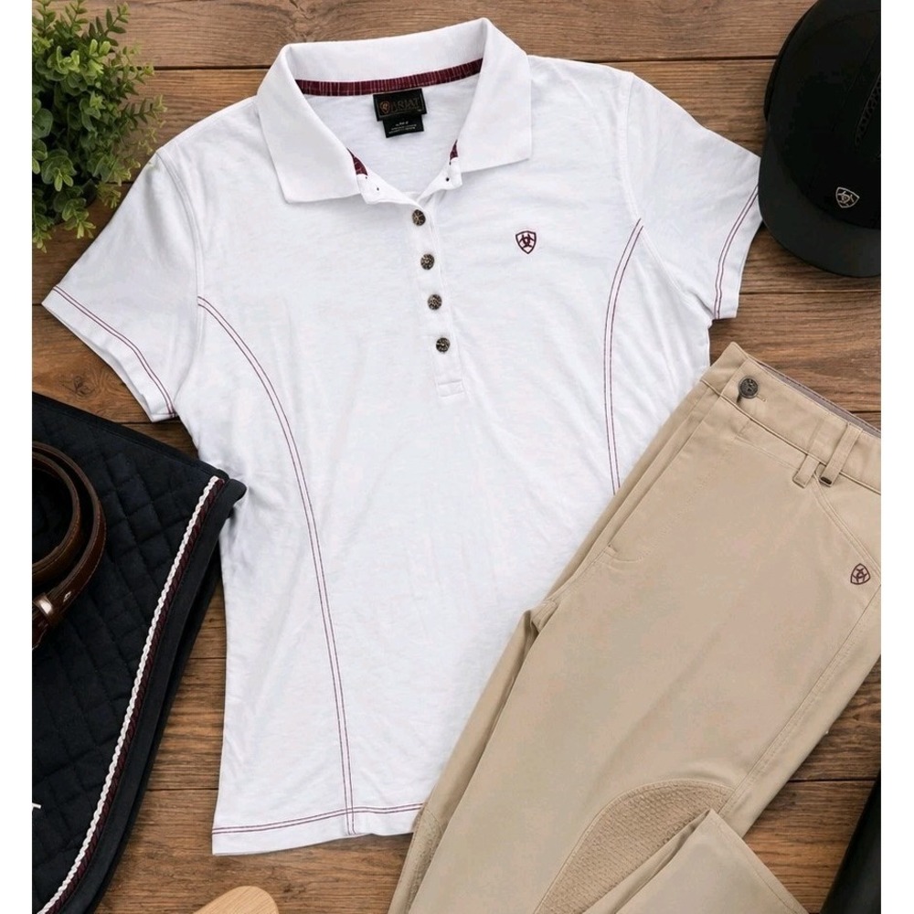 Ariat Polo Shirt Womens Large White Maroon Piping Stretch Riding Golf Western